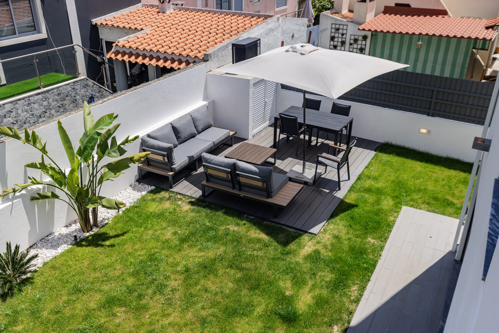 Outdoor lounge and dining area seen from above