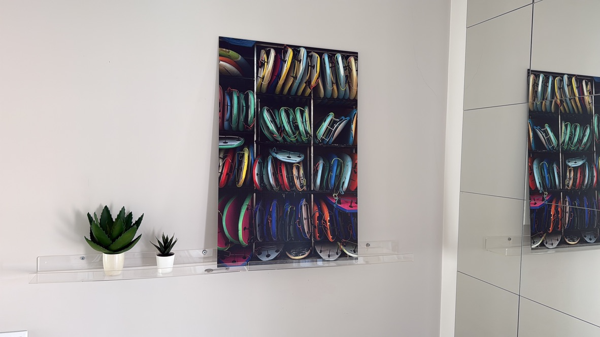 Surfboard wall art inside the villa