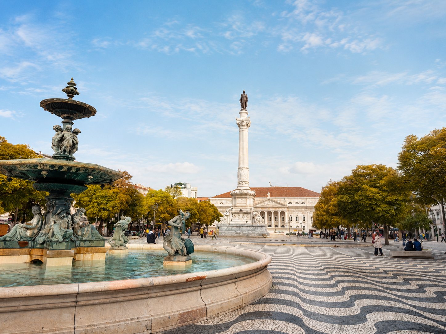 Rossio square fountain in central Lisbon